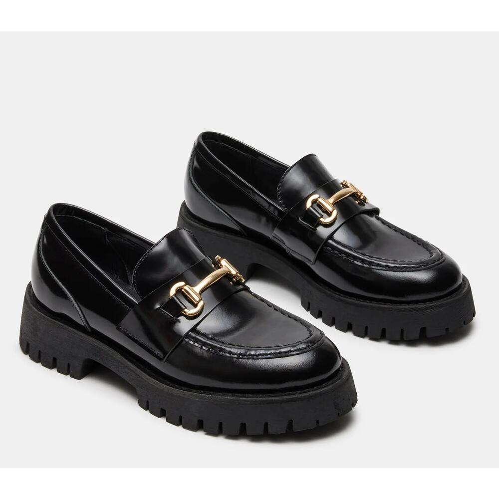 Steve Madden Lando Platform Leather Loafer Womens Size 9 Black New Chunky Lug